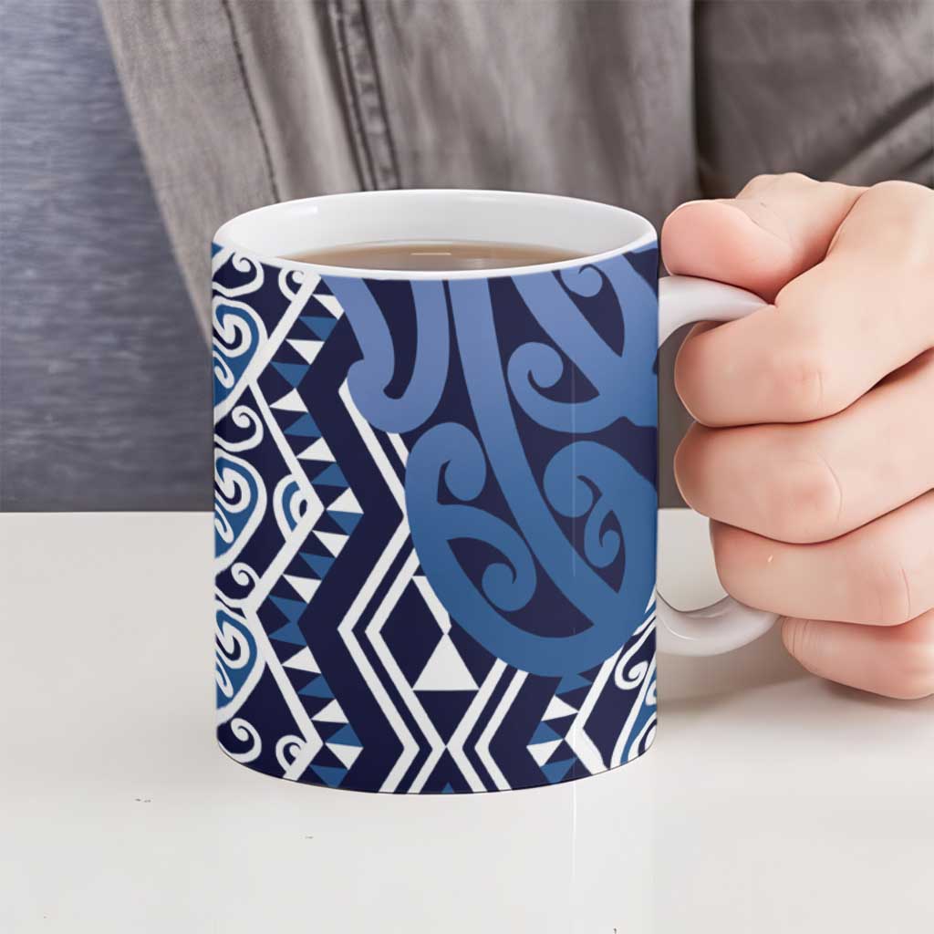 New Zealand Ceramic Mug Aotearoa Kowhaiwhai Mix Taniko Art - Blue - Polynesian Pride