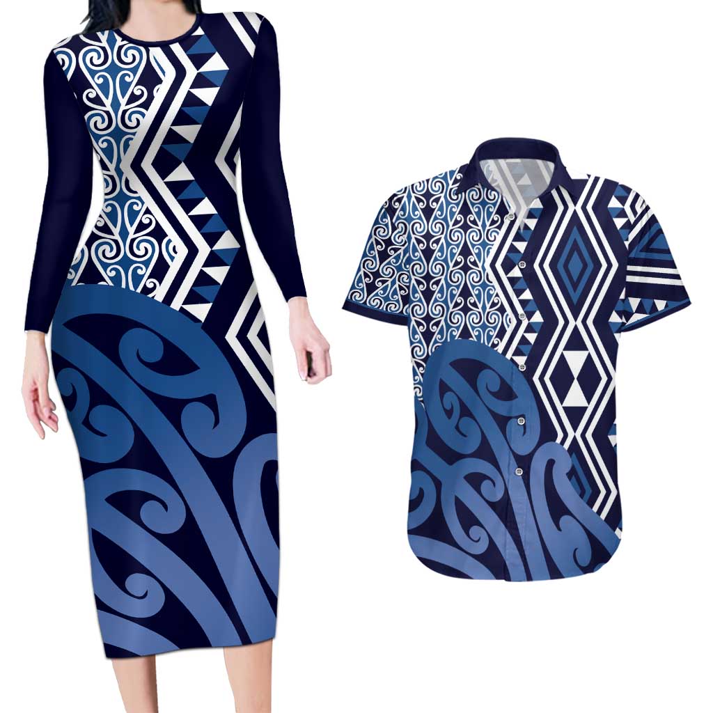 New Zealand Couples Matching Long Sleeve Bodycon Dress and Hawaiian Shirt Aotearoa Kowhaiwhai Mix Taniko Art - Blue LT14 Blue - Polynesian Pride