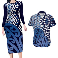 New Zealand Couples Matching Long Sleeve Bodycon Dress and Hawaiian Shirt Aotearoa Kowhaiwhai Mix Taniko Art - Blue LT14 Blue - Polynesian Pride