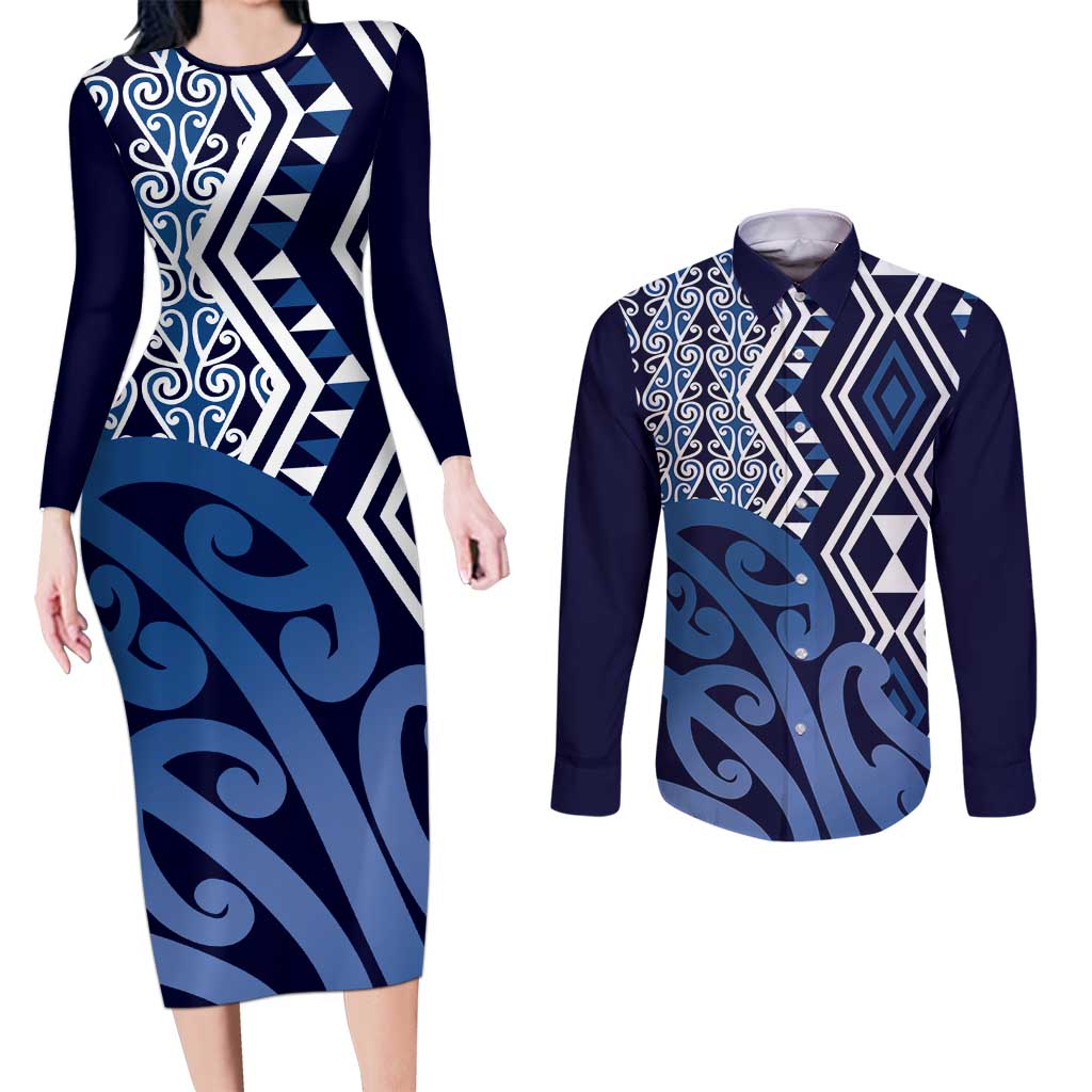 New Zealand Couples Matching Long Sleeve Bodycon Dress and Long Sleeve Button Shirt Aotearoa Kowhaiwhai Mix Taniko Art - Blue LT14 Blue - Polynesian Pride