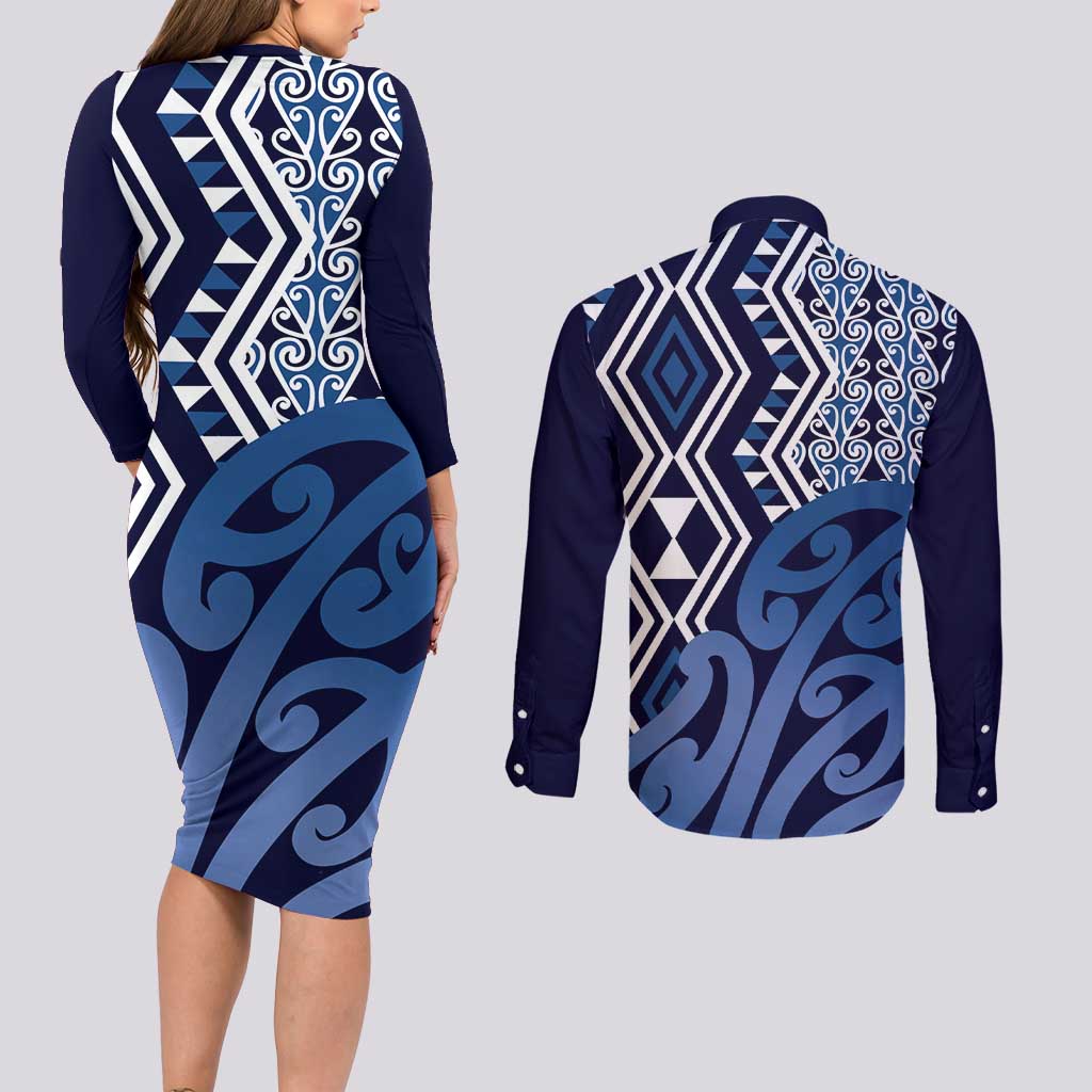 New Zealand Couples Matching Long Sleeve Bodycon Dress and Long Sleeve Button Shirt Aotearoa Kowhaiwhai Mix Taniko Art - Blue LT14 - Polynesian Pride