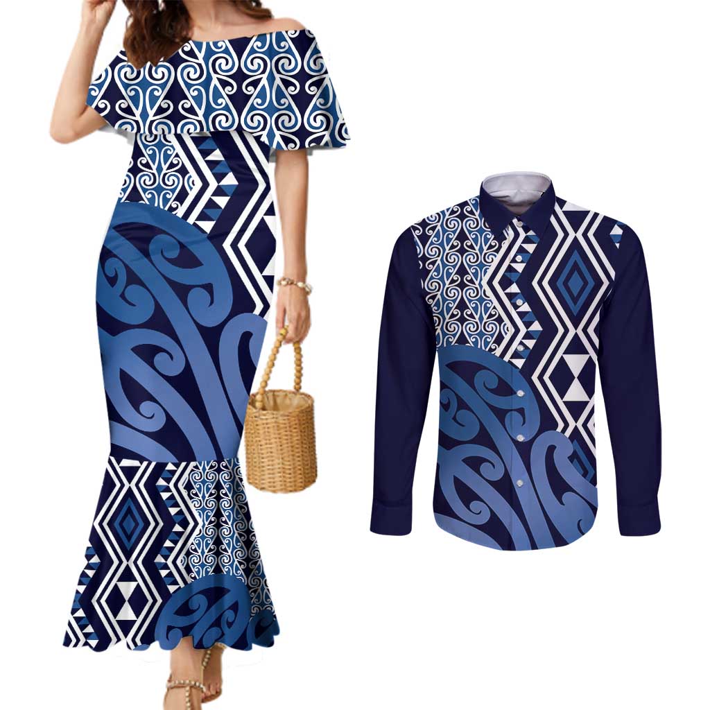 New Zealand Couples Matching Mermaid Dress and Long Sleeve Button Shirt Aotearoa Kowhaiwhai Mix Taniko Art - Blue LT14 Blue - Polynesian Pride