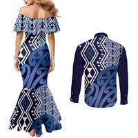 New Zealand Couples Matching Mermaid Dress and Long Sleeve Button Shirt Aotearoa Kowhaiwhai Mix Taniko Art - Blue LT14 - Polynesian Pride