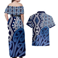 New Zealand Couples Matching Off Shoulder Maxi Dress and Hawaiian Shirt Aotearoa Kowhaiwhai Mix Taniko Art - Blue LT14 - Polynesian Pride