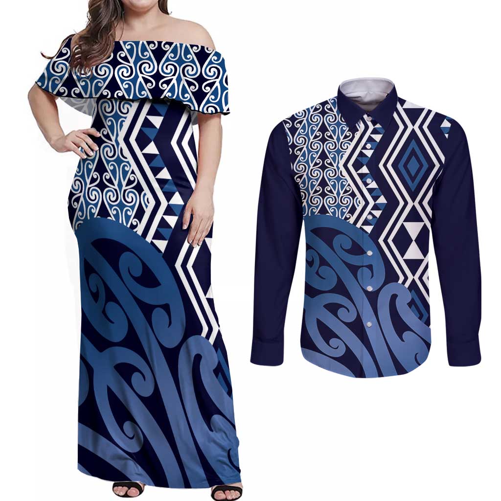 New Zealand Couples Matching Off Shoulder Maxi Dress and Long Sleeve Button Shirt Aotearoa Kowhaiwhai Mix Taniko Art - Blue LT14 Blue - Polynesian Pride
