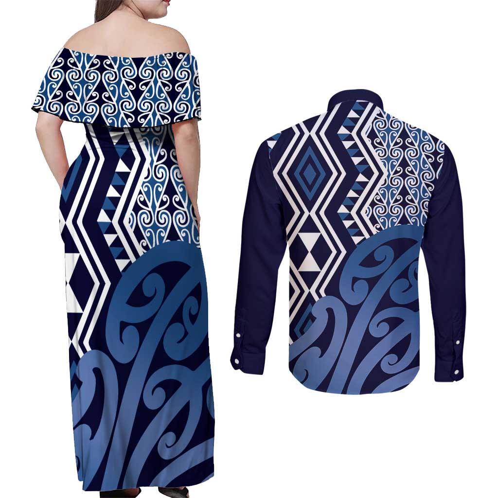 New Zealand Couples Matching Off Shoulder Maxi Dress and Long Sleeve Button Shirt Aotearoa Kowhaiwhai Mix Taniko Art - Blue LT14 - Polynesian Pride