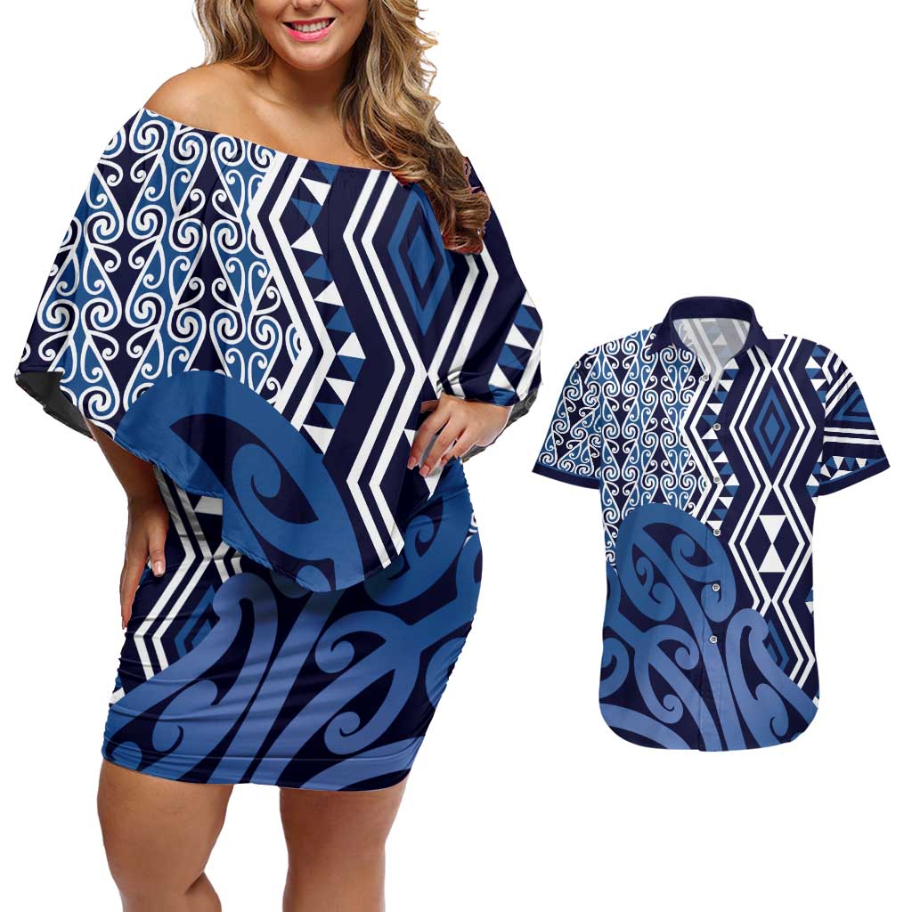 New Zealand Couples Matching Off Shoulder Short Dress and Hawaiian Shirt Aotearoa Kowhaiwhai Mix Taniko Art - Blue LT14 Blue - Polynesian Pride