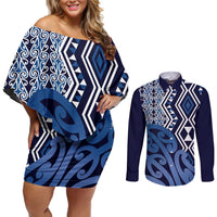New Zealand Couples Matching Off Shoulder Short Dress and Long Sleeve Button Shirt Aotearoa Kowhaiwhai Mix Taniko Art - Blue LT14 Blue - Polynesian Pride