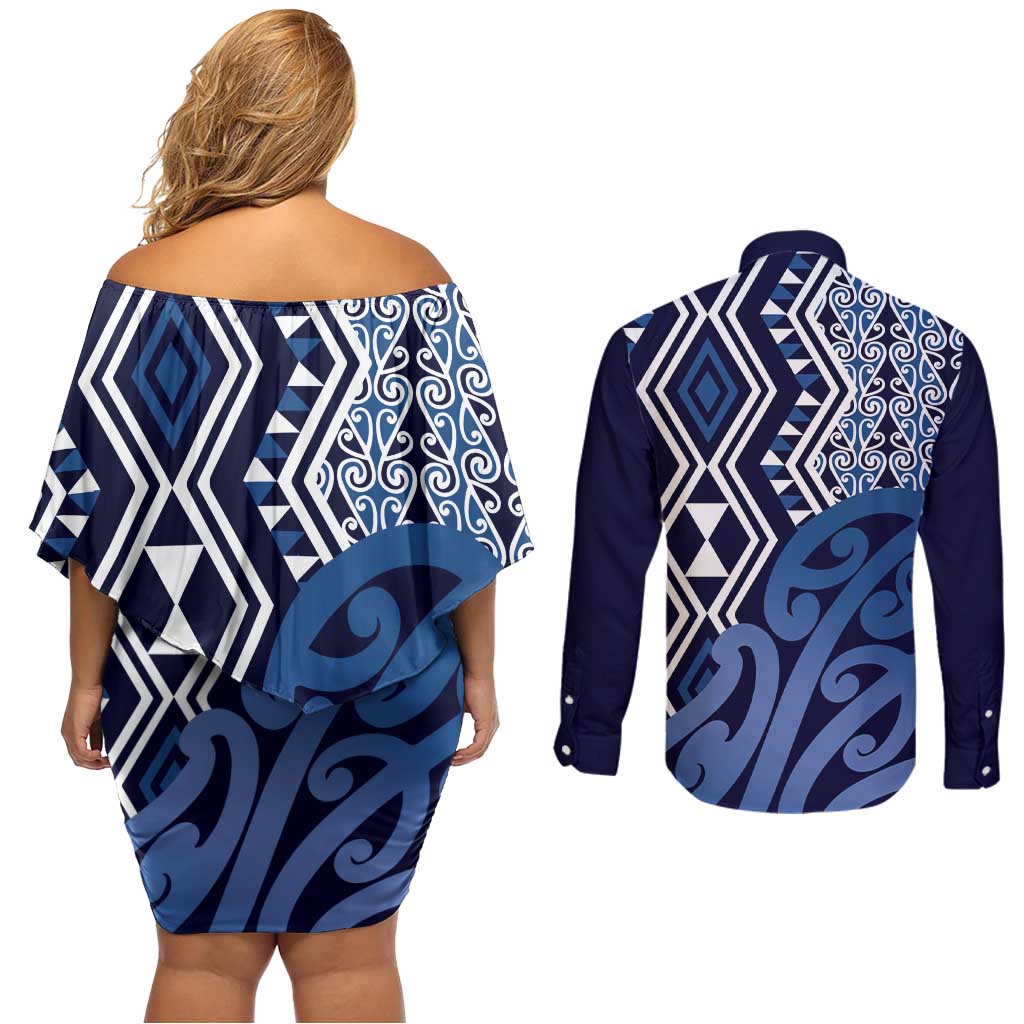 New Zealand Couples Matching Off Shoulder Short Dress and Long Sleeve Button Shirt Aotearoa Kowhaiwhai Mix Taniko Art - Blue LT14 - Polynesian Pride