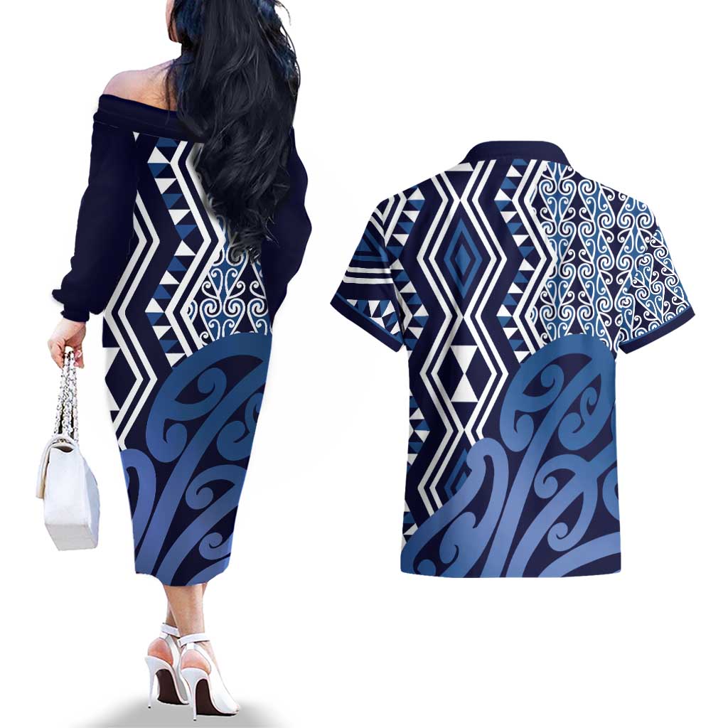 New Zealand Couples Matching Off The Shoulder Long Sleeve Dress and Hawaiian Shirt Aotearoa Kowhaiwhai Mix Taniko Art - Blue LT14 - Polynesian Pride