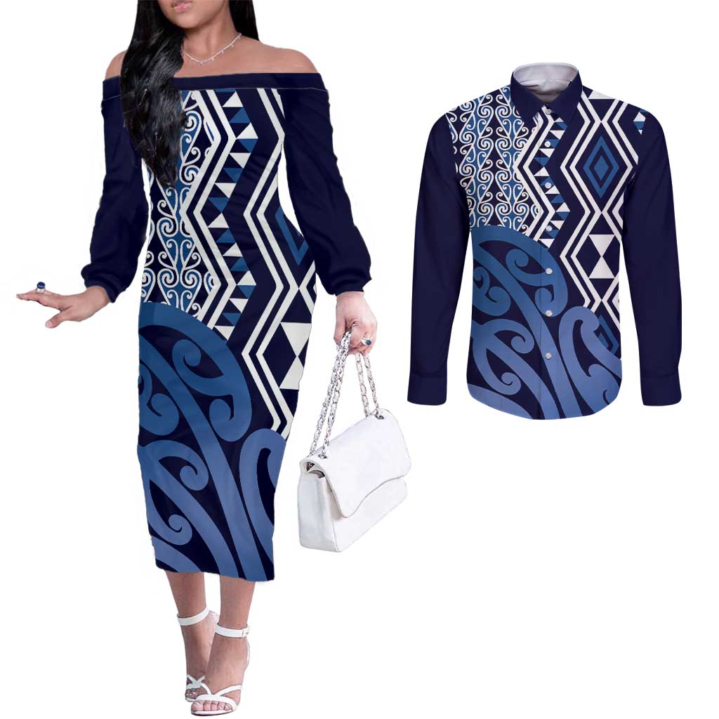 New Zealand Couples Matching Off The Shoulder Long Sleeve Dress and Long Sleeve Button Shirt Aotearoa Kowhaiwhai Mix Taniko Art - Blue LT14 Blue - Polynesian Pride