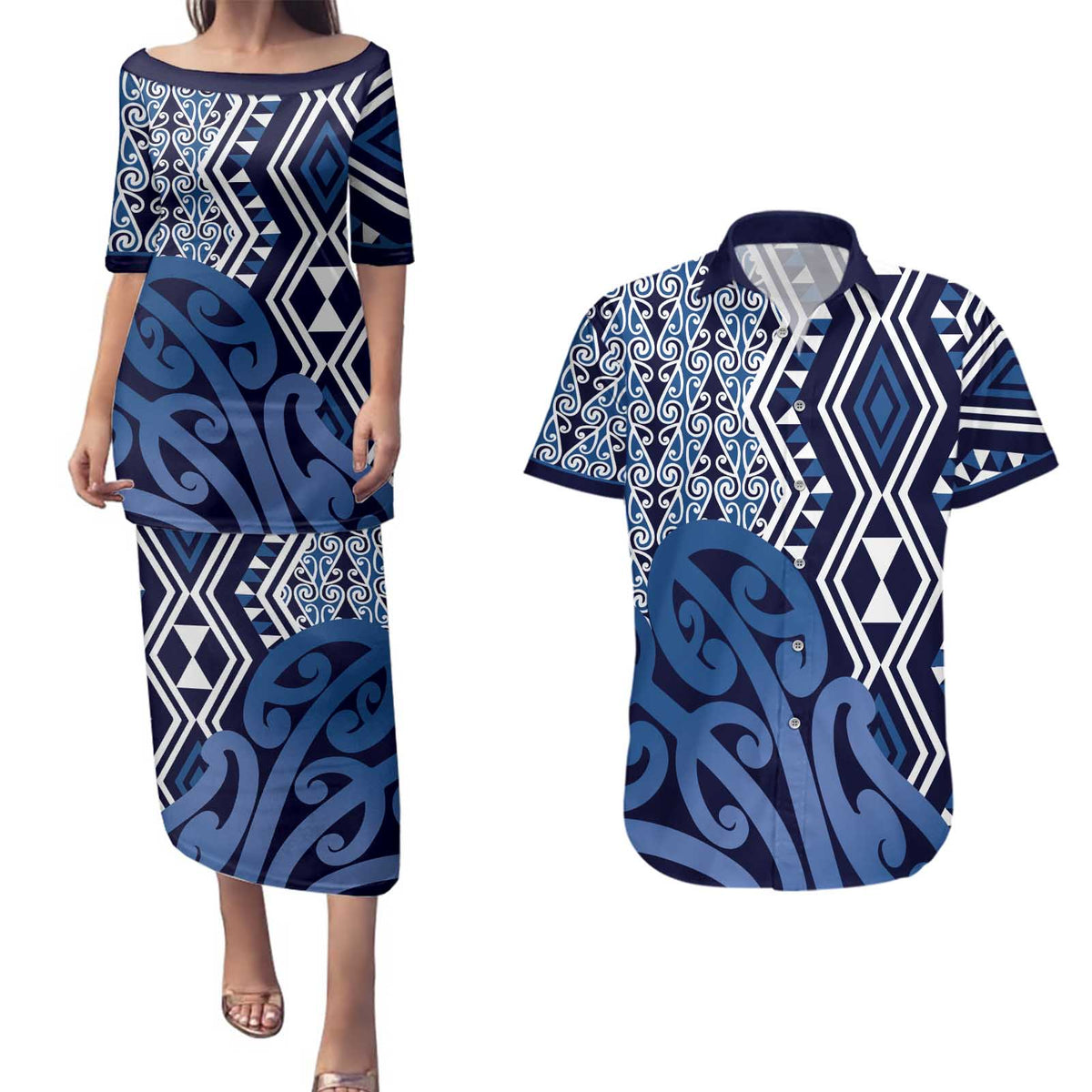 New Zealand Couples Matching Puletasi and Hawaiian Shirt Aotearoa Kowhaiwhai Mix Taniko Art - Blue LT14 Blue - Polynesian Pride