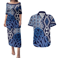 New Zealand Couples Matching Puletasi and Hawaiian Shirt Aotearoa Kowhaiwhai Mix Taniko Art - Blue LT14 Blue - Polynesian Pride