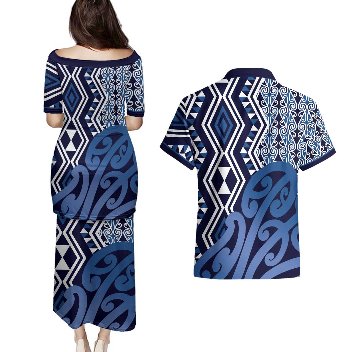 New Zealand Couples Matching Puletasi and Hawaiian Shirt Aotearoa Kowhaiwhai Mix Taniko Art - Blue LT14 - Polynesian Pride