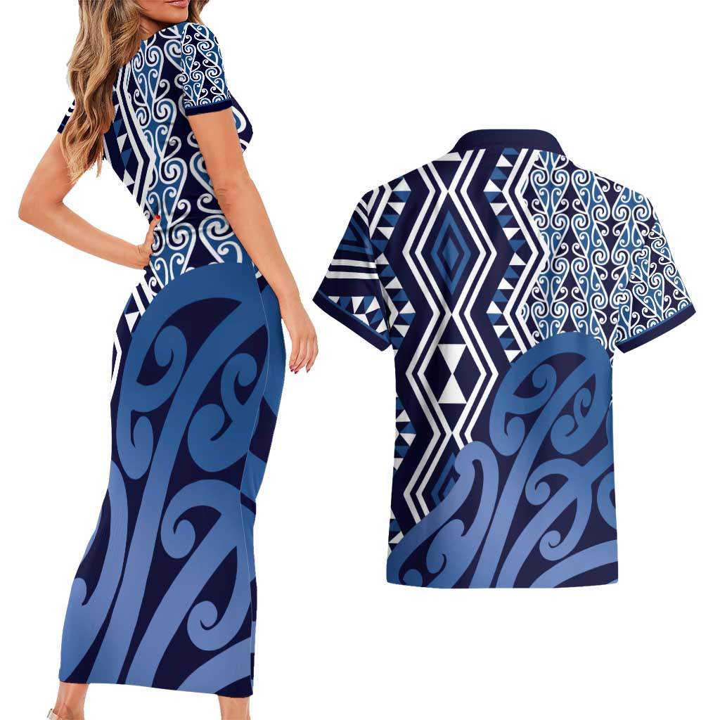New Zealand Couples Matching Short Sleeve Bodycon Dress and Hawaiian Shirt Aotearoa Kowhaiwhai Mix Taniko Art - Blue LT14 - Polynesian Pride