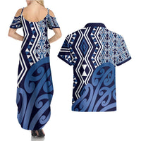 New Zealand Couples Matching Summer Maxi Dress and Hawaiian Shirt Aotearoa Kowhaiwhai Mix Taniko Art - Blue LT14 - Polynesian Pride