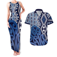 New Zealand Couples Matching Tank Maxi Dress and Hawaiian Shirt Aotearoa Kowhaiwhai Mix Taniko Art - Blue LT14 Blue - Polynesian Pride