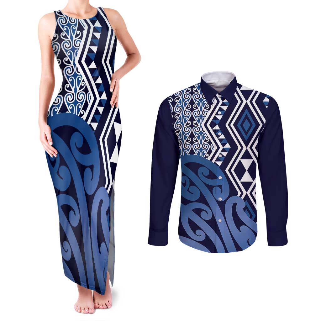 New Zealand Couples Matching Tank Maxi Dress and Long Sleeve Button Shirt Aotearoa Kowhaiwhai Mix Taniko Art - Blue LT14 Blue - Polynesian Pride