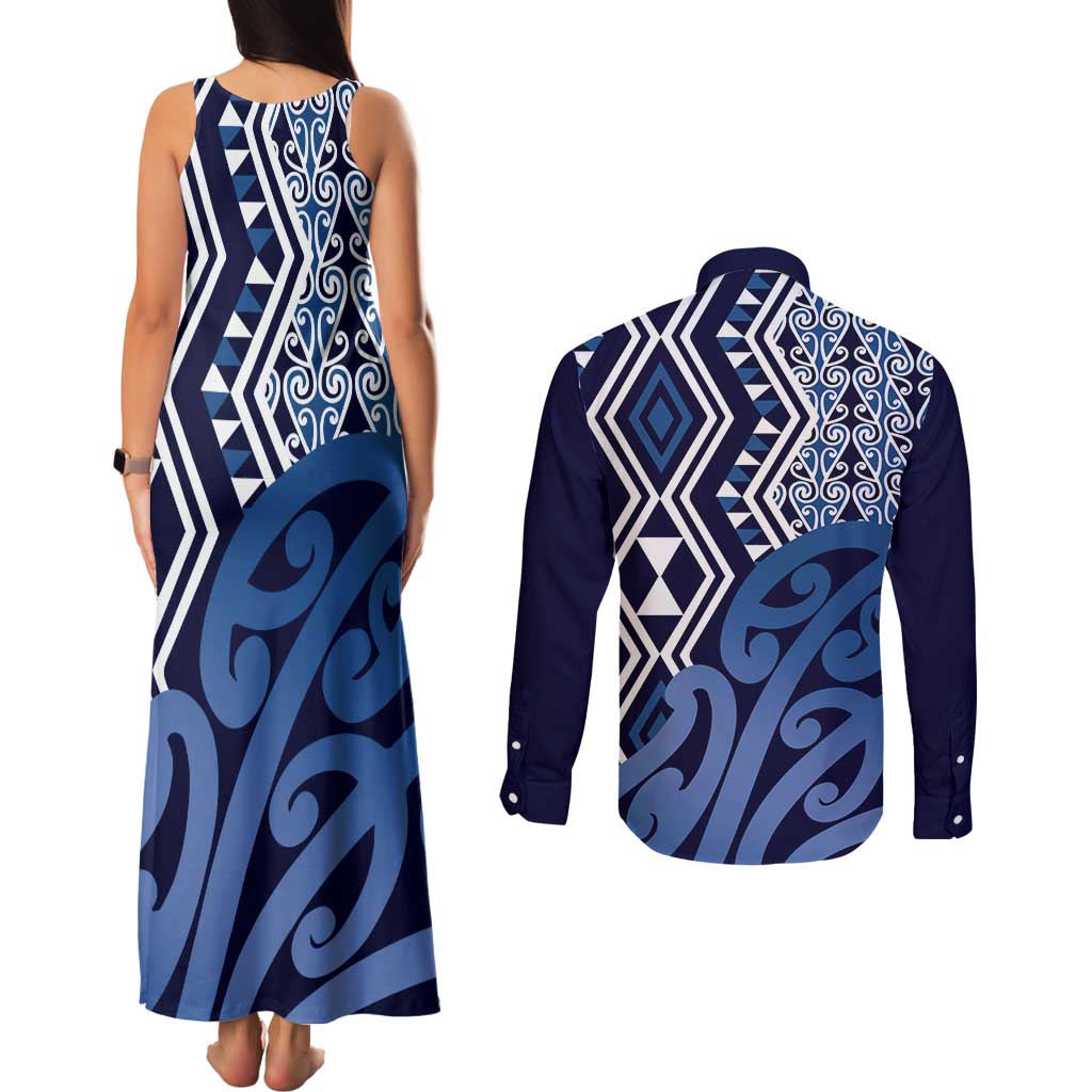 New Zealand Couples Matching Tank Maxi Dress and Long Sleeve Button Shirt Aotearoa Kowhaiwhai Mix Taniko Art - Blue LT14 - Polynesian Pride