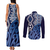 New Zealand Couples Matching Tank Maxi Dress and Long Sleeve Button Shirt Aotearoa Kowhaiwhai Mix Taniko Art - Blue LT14 - Polynesian Pride