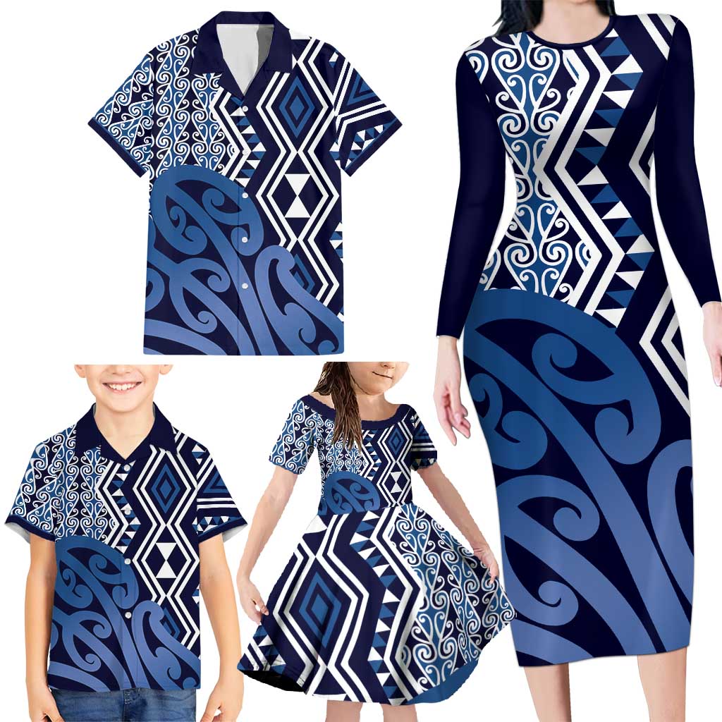 New Zealand Family Matching Long Sleeve Bodycon Dress and Hawaiian Shirt Aotearoa Kowhaiwhai Mix Taniko Art - Blue LT14 - Polynesian Pride