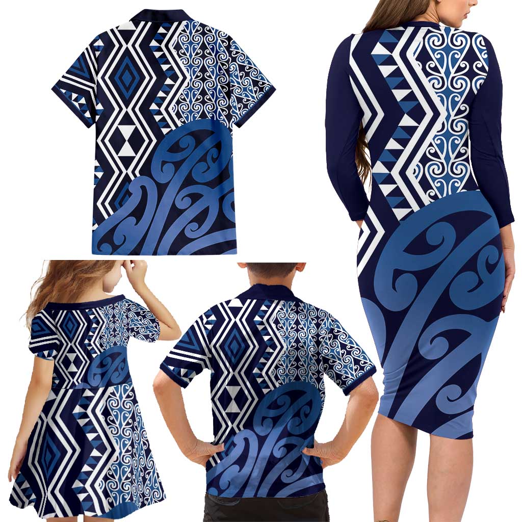 New Zealand Family Matching Long Sleeve Bodycon Dress and Hawaiian Shirt Aotearoa Kowhaiwhai Mix Taniko Art - Blue LT14 - Polynesian Pride
