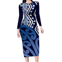 New Zealand Family Matching Long Sleeve Bodycon Dress and Hawaiian Shirt Aotearoa Kowhaiwhai Mix Taniko Art - Blue LT14 Mom's Dress Blue - Polynesian Pride