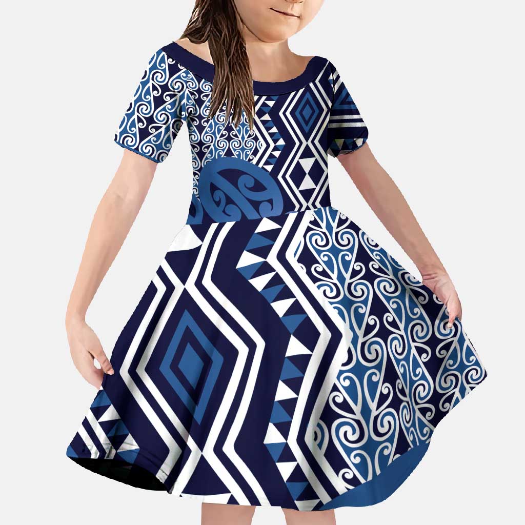 New Zealand Family Matching Mermaid Dress and Hawaiian Shirt Aotearoa Kowhaiwhai Mix Taniko Art - Blue LT14 Daughter's Dress Blue - Polynesian Pride
