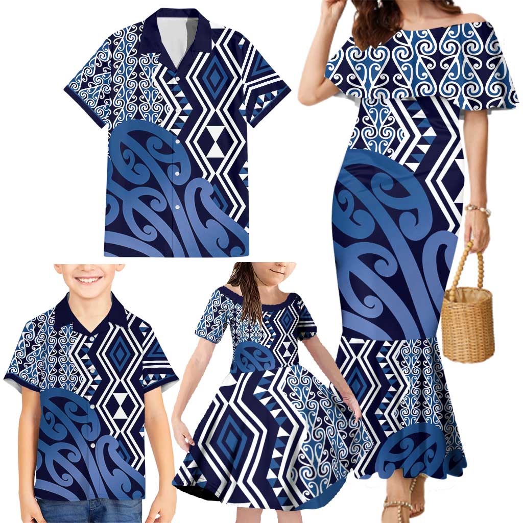 New Zealand Family Matching Mermaid Dress and Hawaiian Shirt Aotearoa Kowhaiwhai Mix Taniko Art - Blue LT14 - Polynesian Pride