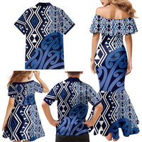 New Zealand Family Matching Mermaid Dress and Hawaiian Shirt Aotearoa Kowhaiwhai Mix Taniko Art - Blue LT14 - Polynesian Pride