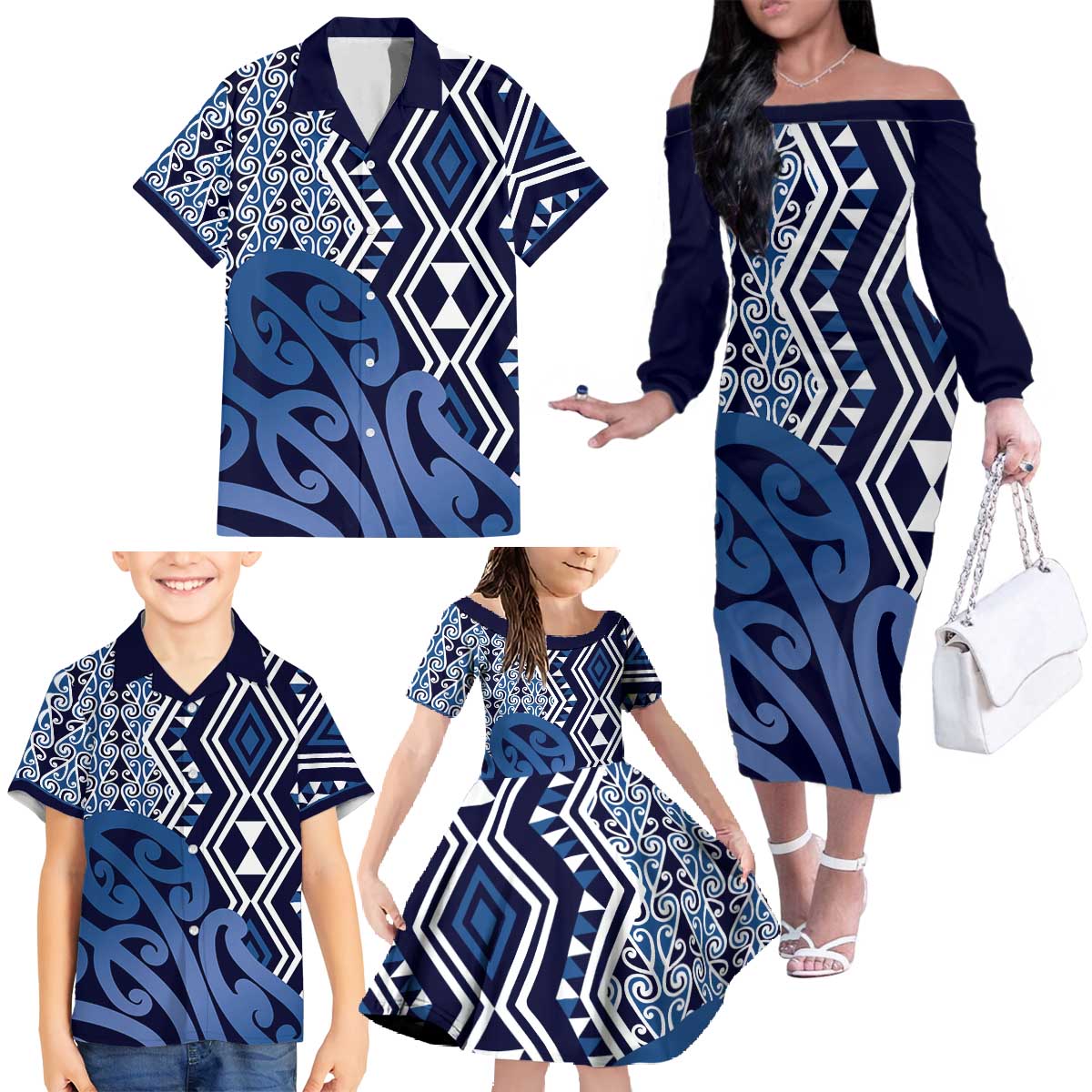 New Zealand Family Matching Off The Shoulder Long Sleeve Dress and Hawaiian Shirt Aotearoa Kowhaiwhai Mix Taniko Art - Blue LT14 - Polynesian Pride