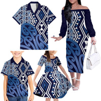 New Zealand Family Matching Off The Shoulder Long Sleeve Dress and Hawaiian Shirt Aotearoa Kowhaiwhai Mix Taniko Art - Blue LT14 - Polynesian Pride