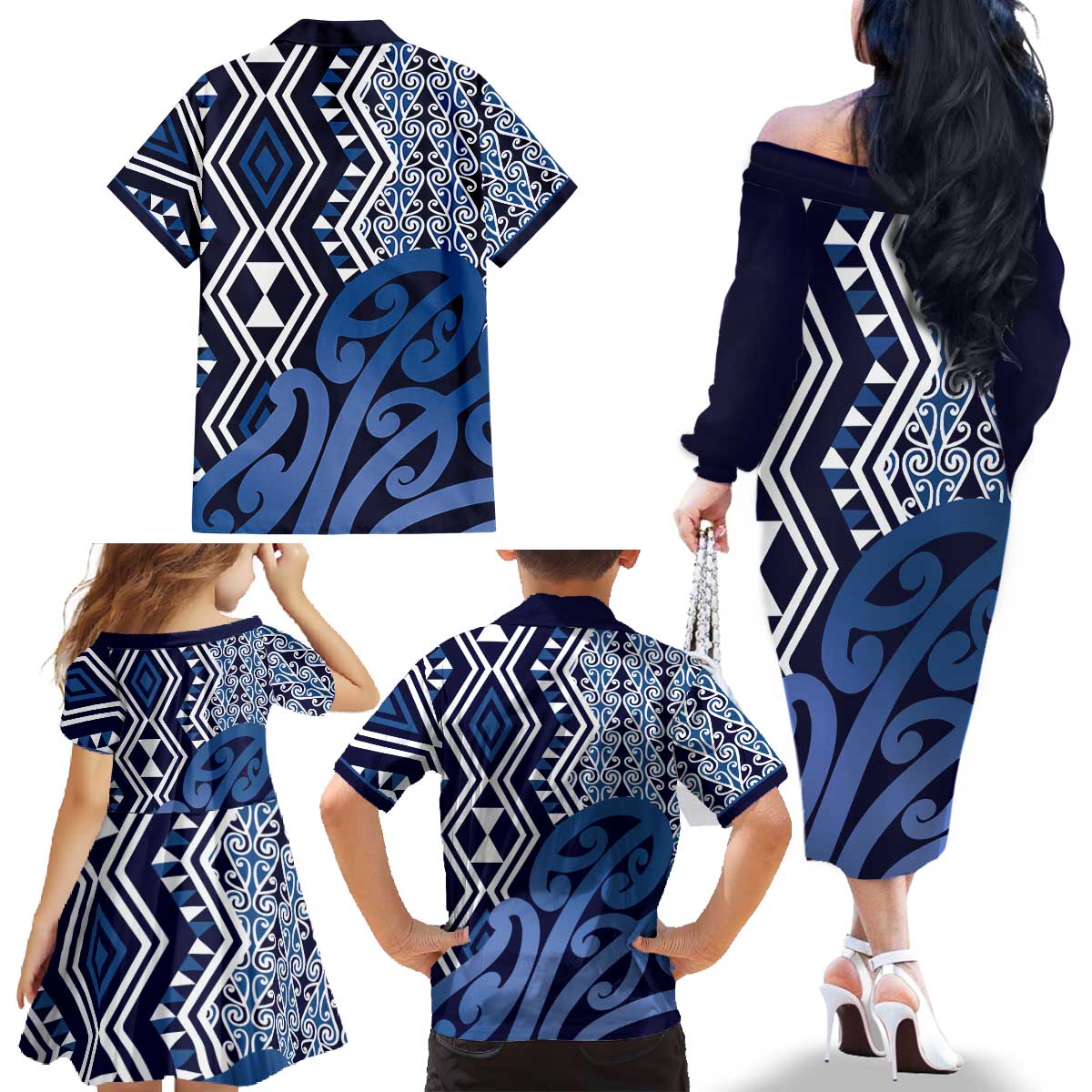 New Zealand Family Matching Off The Shoulder Long Sleeve Dress and Hawaiian Shirt Aotearoa Kowhaiwhai Mix Taniko Art - Blue LT14 - Polynesian Pride