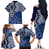 New Zealand Family Matching Off The Shoulder Long Sleeve Dress and Hawaiian Shirt Aotearoa Kowhaiwhai Mix Taniko Art - Blue LT14 - Polynesian Pride