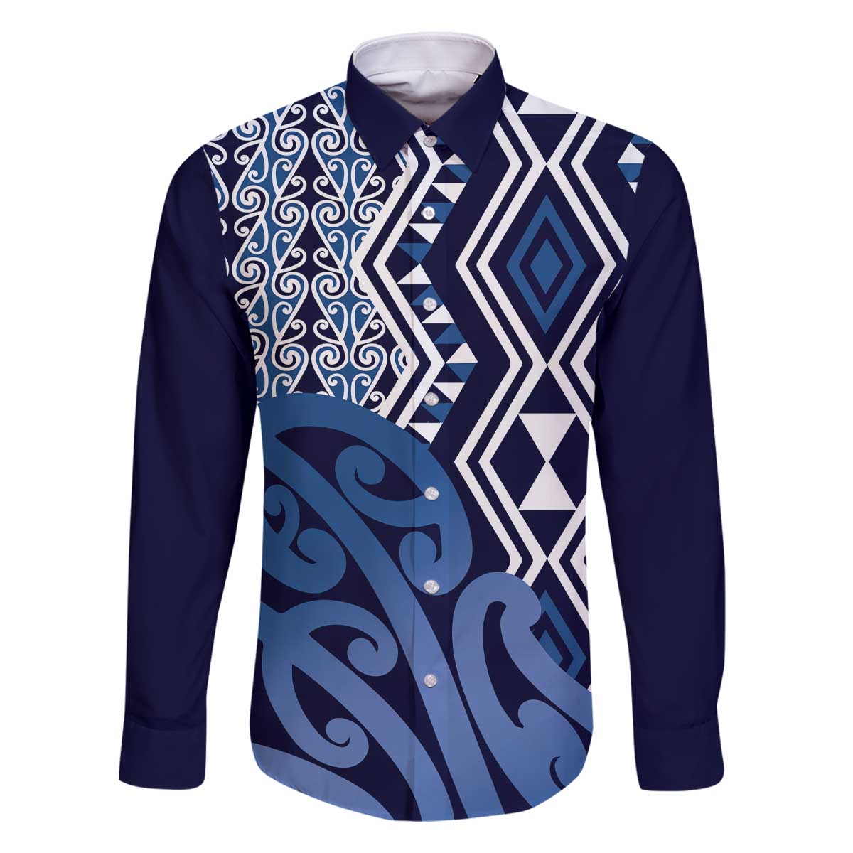 New Zealand Family Matching Off The Shoulder Long Sleeve Dress and Hawaiian Shirt Aotearoa Kowhaiwhai Mix Taniko Art - Blue LT14 Dad's Shirt - Long Sleeve Blue - Polynesian Pride