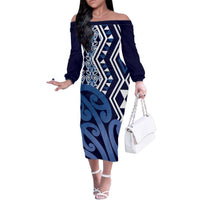 New Zealand Family Matching Off The Shoulder Long Sleeve Dress and Hawaiian Shirt Aotearoa Kowhaiwhai Mix Taniko Art - Blue LT14 Mom's Dress Blue - Polynesian Pride