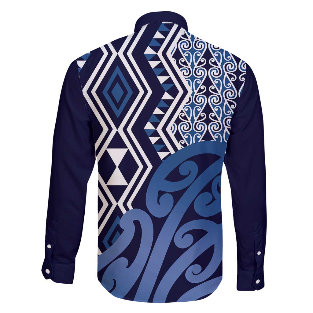 New Zealand Family Matching Off Shoulder Maxi Dress and Hawaiian Shirt Aotearoa Kowhaiwhai Mix Taniko Art - Blue LT14 - Polynesian Pride