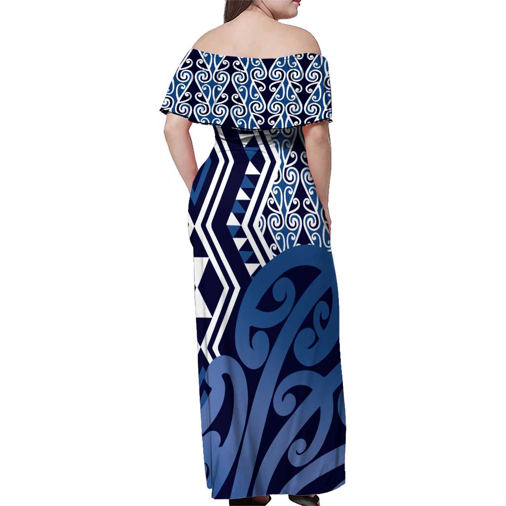 New Zealand Family Matching Off Shoulder Maxi Dress and Hawaiian Shirt Aotearoa Kowhaiwhai Mix Taniko Art - Blue LT14 - Polynesian Pride