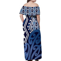 New Zealand Family Matching Off Shoulder Maxi Dress and Hawaiian Shirt Aotearoa Kowhaiwhai Mix Taniko Art - Blue LT14 - Polynesian Pride