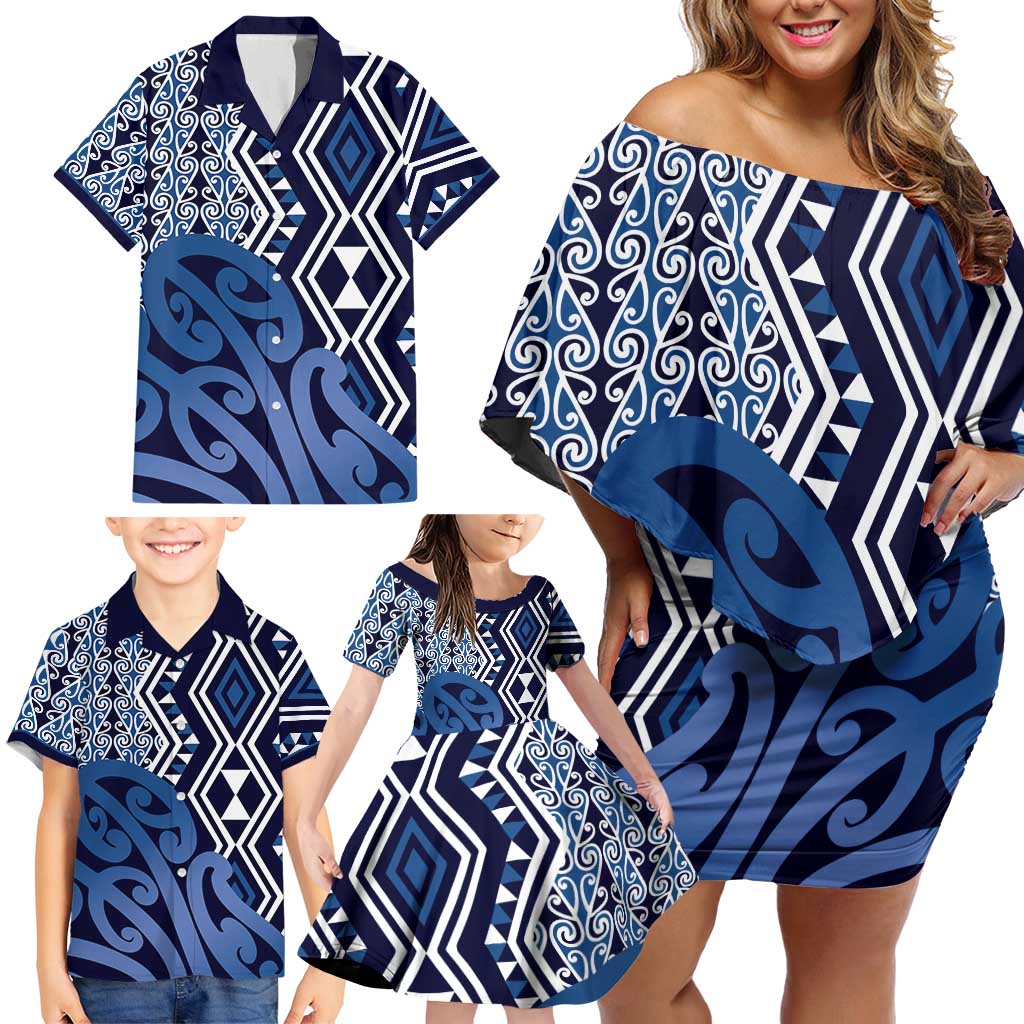New Zealand Family Matching Off Shoulder Short Dress and Hawaiian Shirt Aotearoa Kowhaiwhai Mix Taniko Art - Blue LT14 - Polynesian Pride