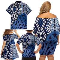 New Zealand Family Matching Off Shoulder Short Dress and Hawaiian Shirt Aotearoa Kowhaiwhai Mix Taniko Art - Blue LT14 - Polynesian Pride