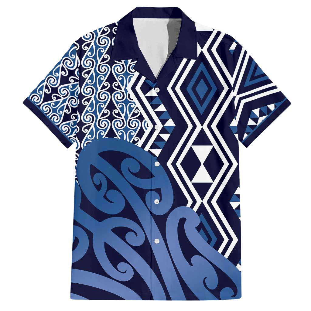 New Zealand Family Matching Off Shoulder Short Dress and Hawaiian Shirt Aotearoa Kowhaiwhai Mix Taniko Art - Blue LT14 Dad's Shirt - Short Sleeve Blue - Polynesian Pride
