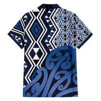 New Zealand Family Matching Off Shoulder Short Dress and Hawaiian Shirt Aotearoa Kowhaiwhai Mix Taniko Art - Blue LT14 - Polynesian Pride
