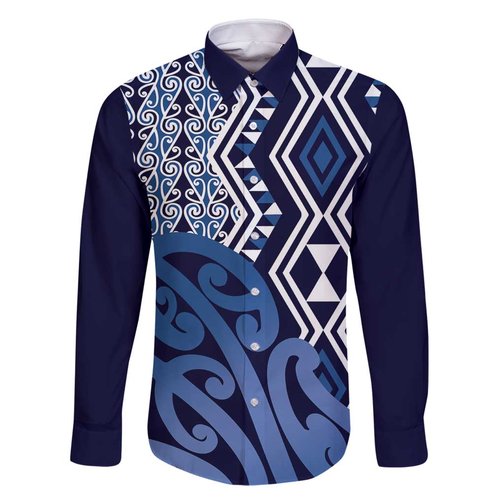 New Zealand Family Matching Off Shoulder Short Dress and Hawaiian Shirt Aotearoa Kowhaiwhai Mix Taniko Art - Blue LT14 Dad's Shirt - Long Sleeve Blue - Polynesian Pride