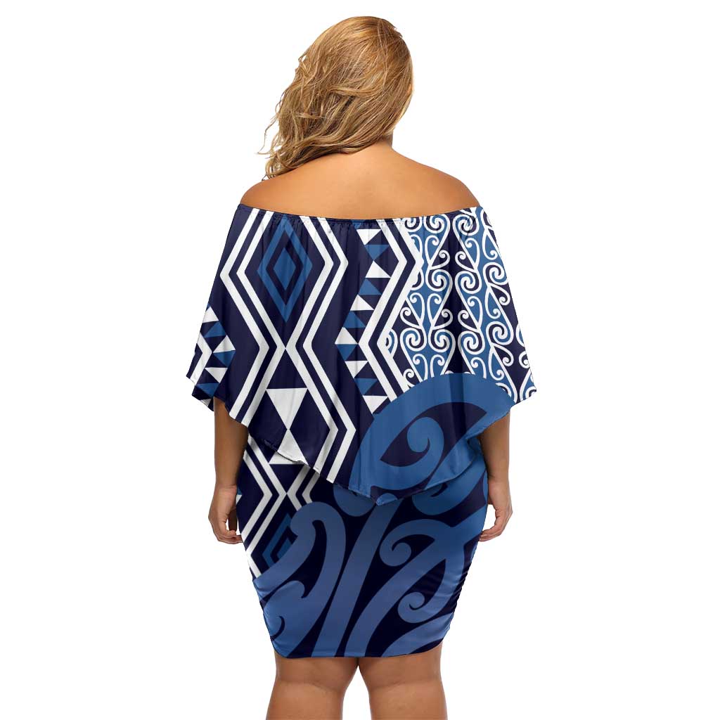 New Zealand Family Matching Off Shoulder Short Dress and Hawaiian Shirt Aotearoa Kowhaiwhai Mix Taniko Art - Blue LT14 - Polynesian Pride