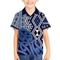 New Zealand Family Matching Off Shoulder Short Dress and Hawaiian Shirt Aotearoa Kowhaiwhai Mix Taniko Art - Blue LT14 Son's Shirt Blue - Polynesian Pride