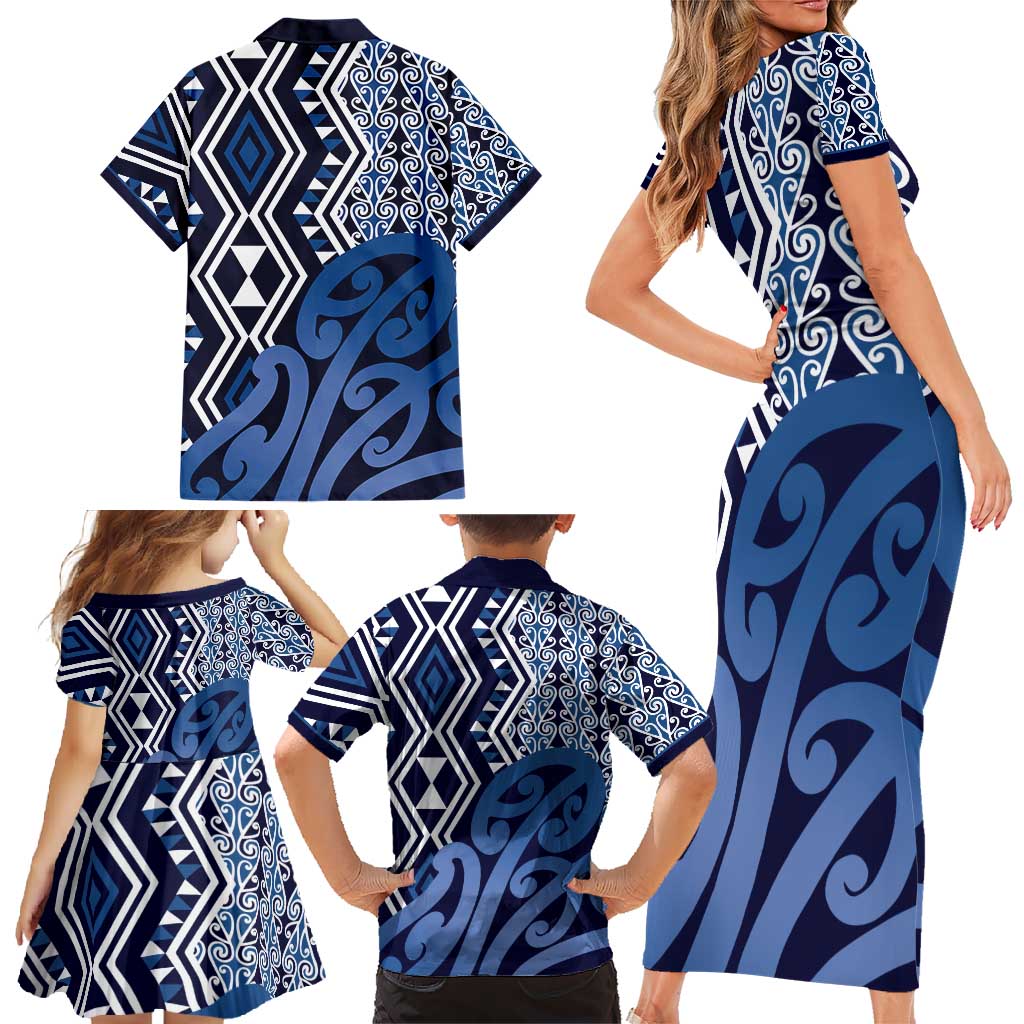 New Zealand Family Matching Short Sleeve Bodycon Dress and Hawaiian Shirt Aotearoa Kowhaiwhai Mix Taniko Art - Blue LT14 - Polynesian Pride