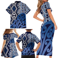New Zealand Family Matching Short Sleeve Bodycon Dress and Hawaiian Shirt Aotearoa Kowhaiwhai Mix Taniko Art - Blue LT14 - Polynesian Pride