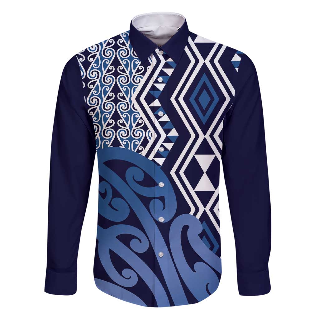 New Zealand Family Matching Short Sleeve Bodycon Dress and Hawaiian Shirt Aotearoa Kowhaiwhai Mix Taniko Art - Blue LT14 Dad's Shirt - Long Sleeve Blue - Polynesian Pride
