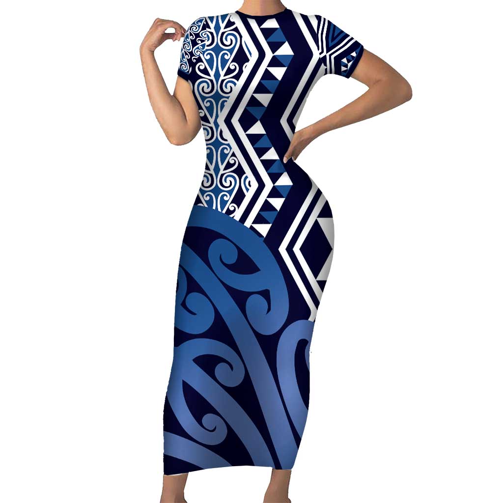 New Zealand Family Matching Short Sleeve Bodycon Dress and Hawaiian Shirt Aotearoa Kowhaiwhai Mix Taniko Art - Blue LT14 Mom's Dress Blue - Polynesian Pride